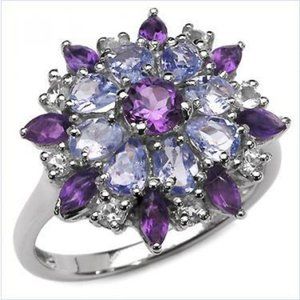 Purple Amethyst and Tanzanite Natural Gemstone Ring Solid Sterling Silver